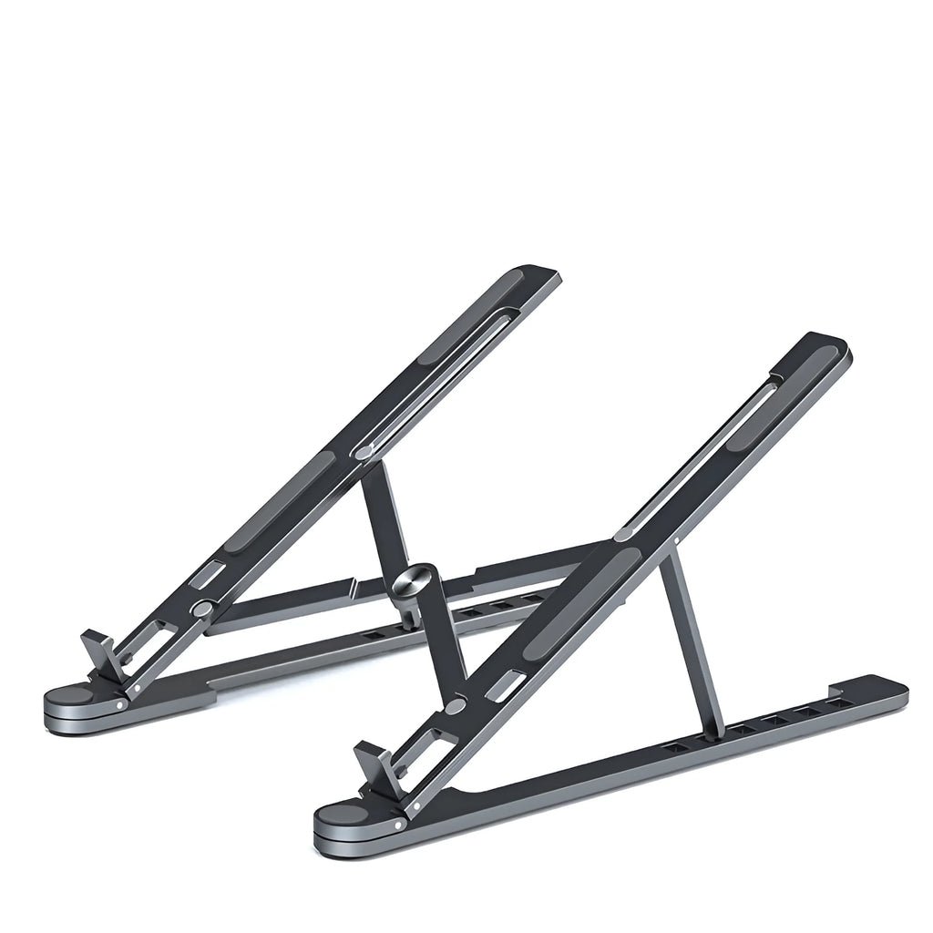 Aluminium foldable laptop stand in silver colour, shown elevated with a laptop on top