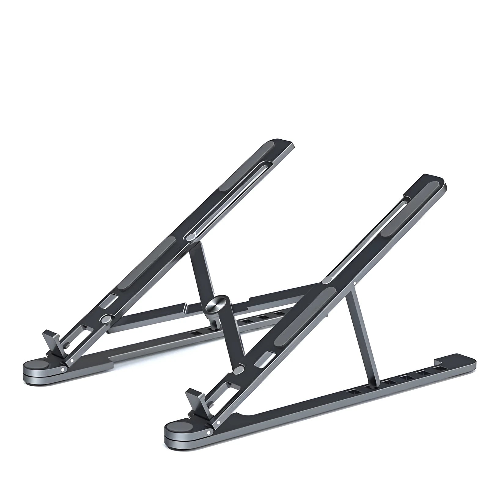 Aluminium foldable laptop stand in silver colour, shown elevated with a laptop on top