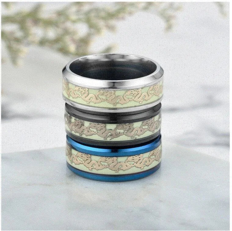 Blue Chinese dragon pattern fluorescent titanium steel ring on white background, epoxy finish, size 10