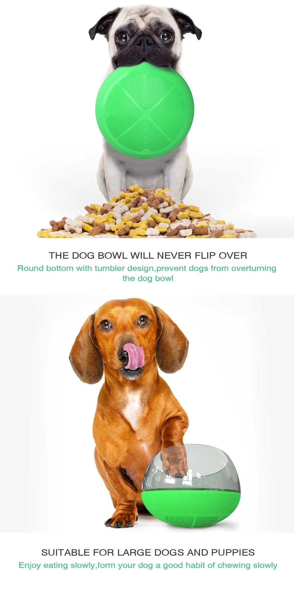 Plastic slow food bowl for pets, 19 x 19 x 14 cm, shown in blue, green, or yellow