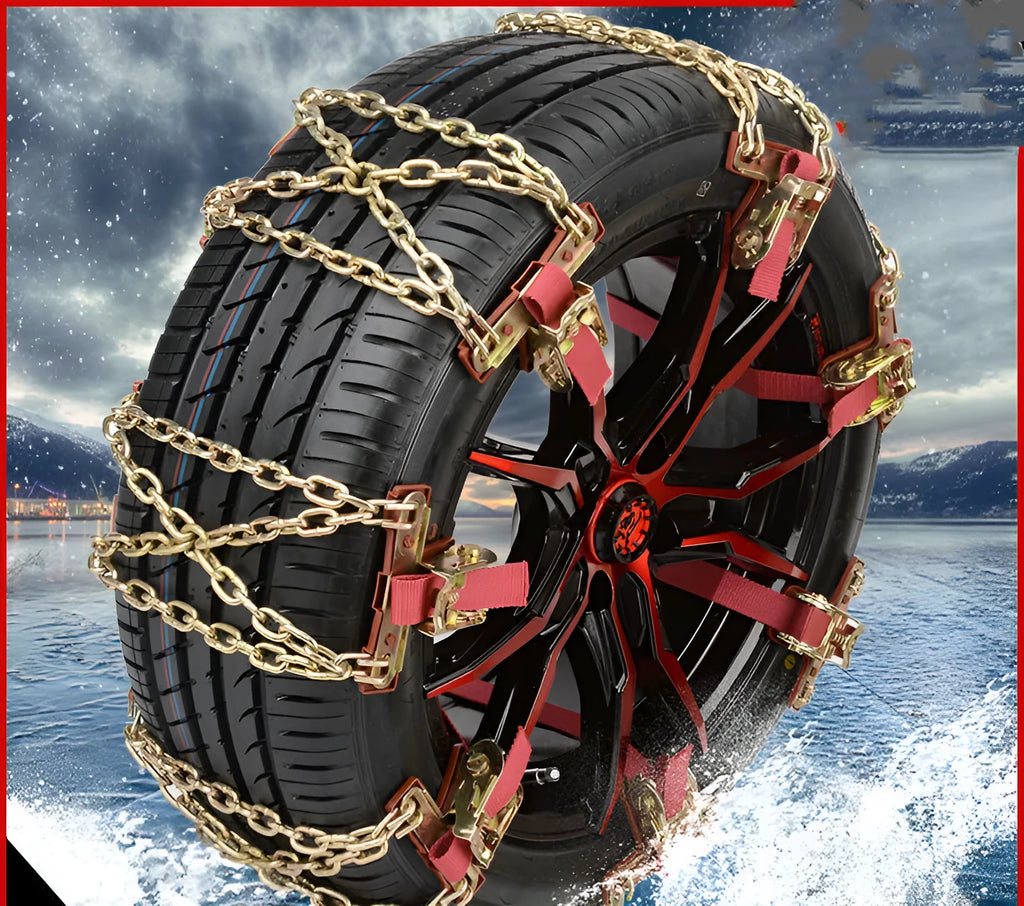 Anti-skid snow chain in wear-resistant steel with copper colour, shown for car and off-road tyre use on ice snow and mud