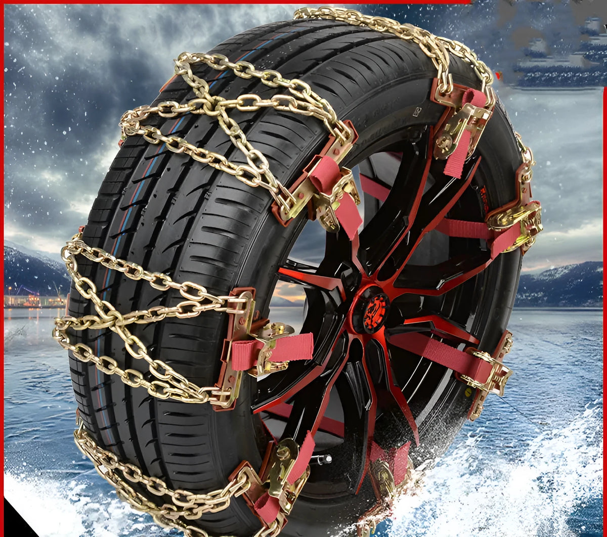 Anti-skid snow chain in wear-resistant steel with copper colour, shown for car and off-road tyre use on ice snow and mud
