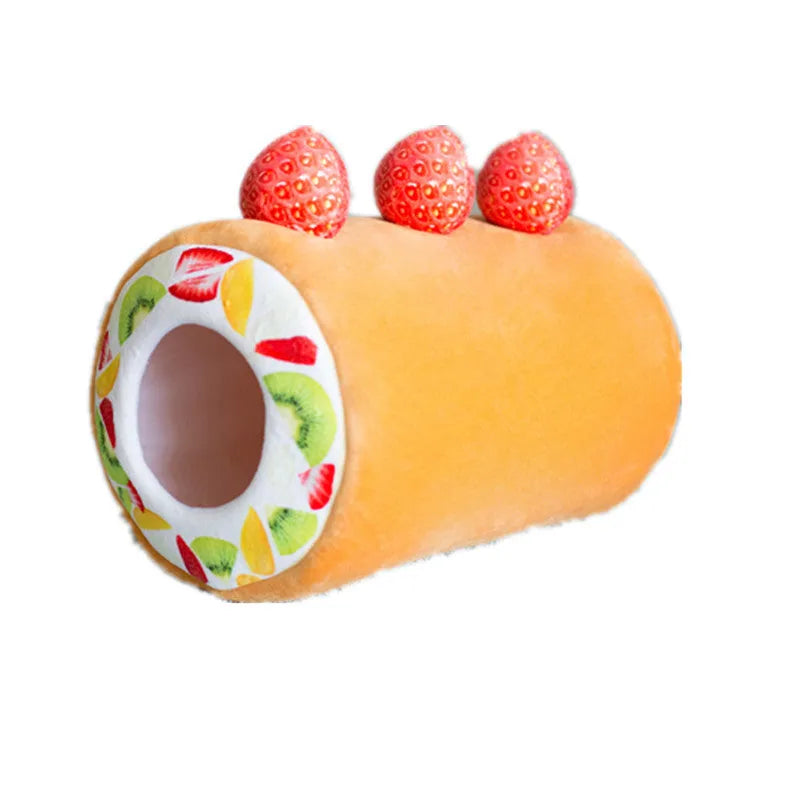 Yellow plush cake roll cat litter toy 40cm height with sponge filling on a white background