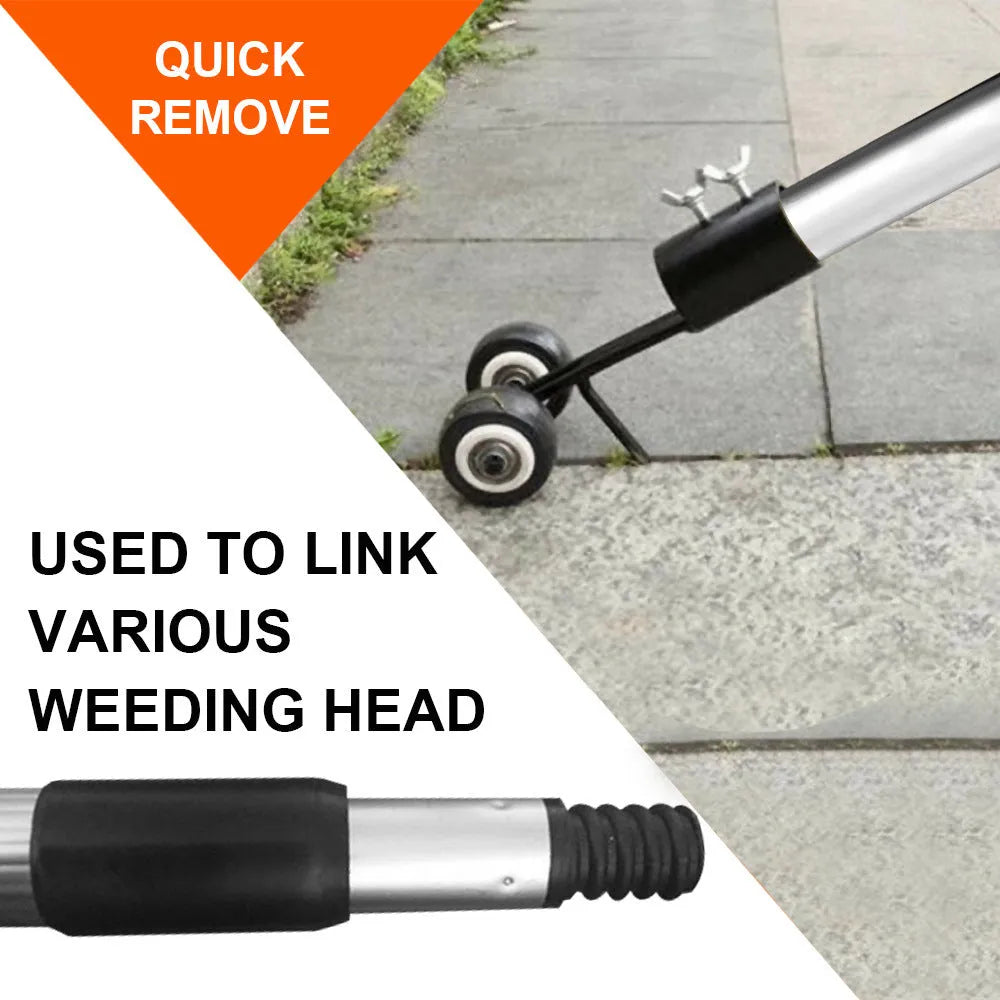 Manual weed puller set with telescopic rod, gap weeder head, and sickle weeder on a garden lawn
