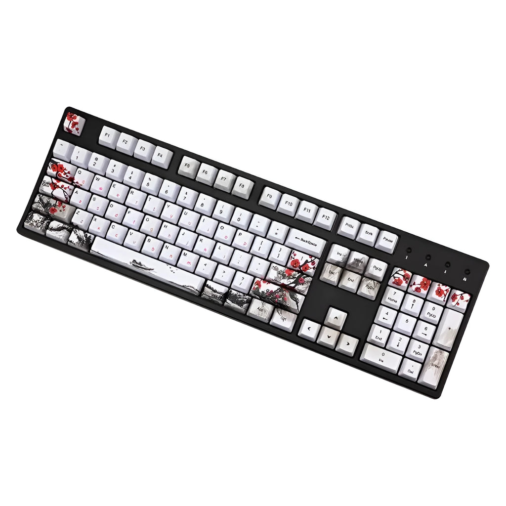 Set of 109 PBT keycaps with plum blossom design on a black background, showing Japanese legend style.