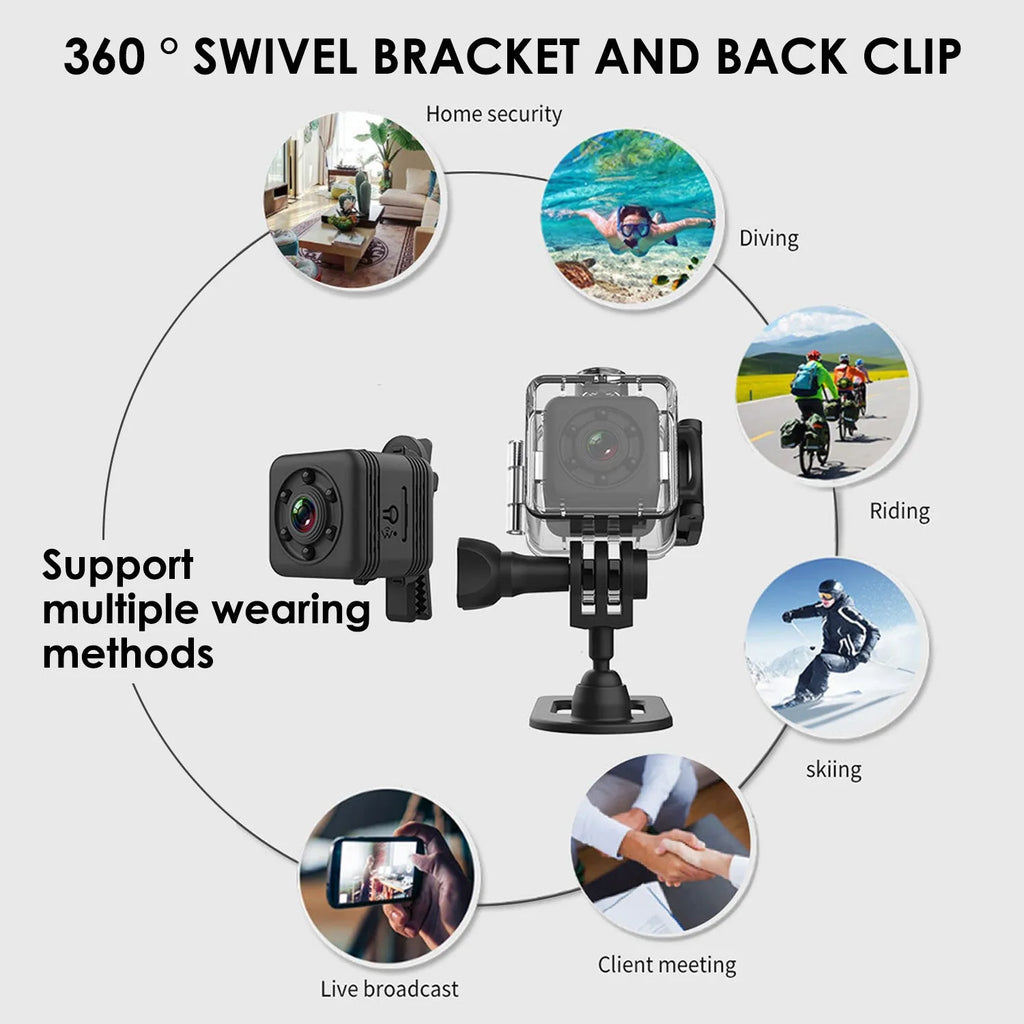 SQ29 black waterproof sports camera with MicroUSB port for extended outdoor recording.