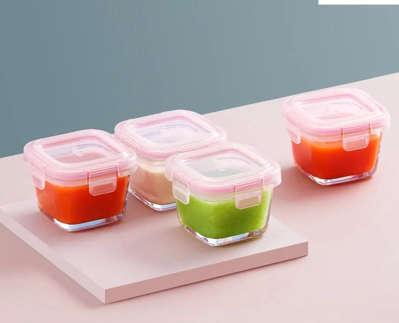 RREIAO 160ml infant food supplement box with glass body, silicone seal, and PP lid in blue colour on white background
