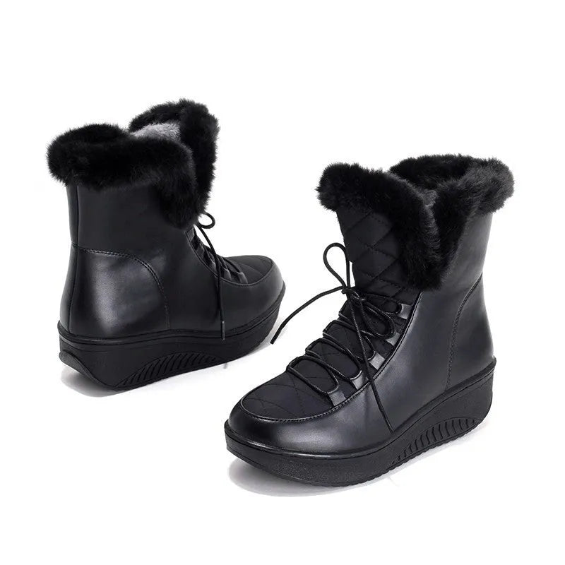 Women's black lace-up platform winter boots with a water-resistant finish.
