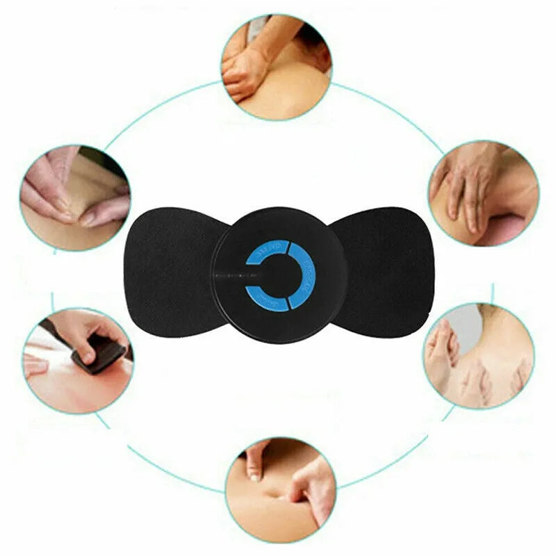 Black HQ-185 mini electric shoulder and neck massager with massage patch, shown next to a ruler for scale.