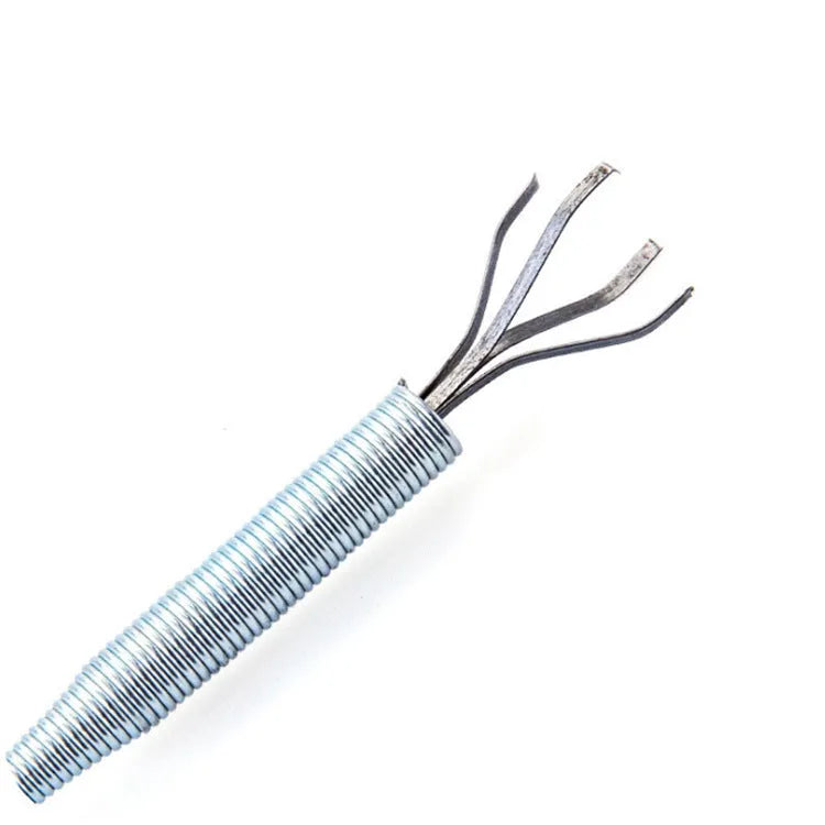 Black sewer dredge spring drain unclogging tool with PP handle next to a kitchen sink