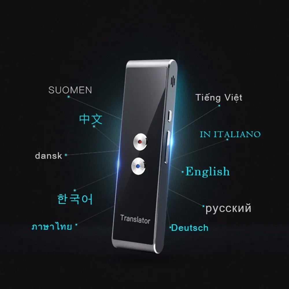 Portable voice translator device with Bluetooth, 30+ languages, and rechargeable battery, 123x36x12mm