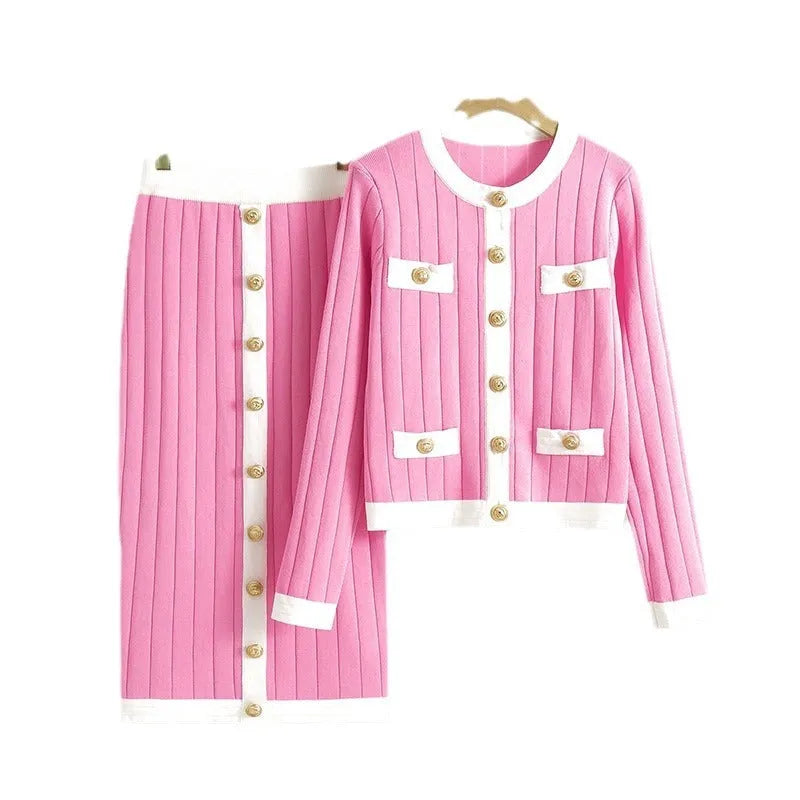 Women's viscose fibre knitted cardigan and skirt two-piece set in black with contrast colour pattern