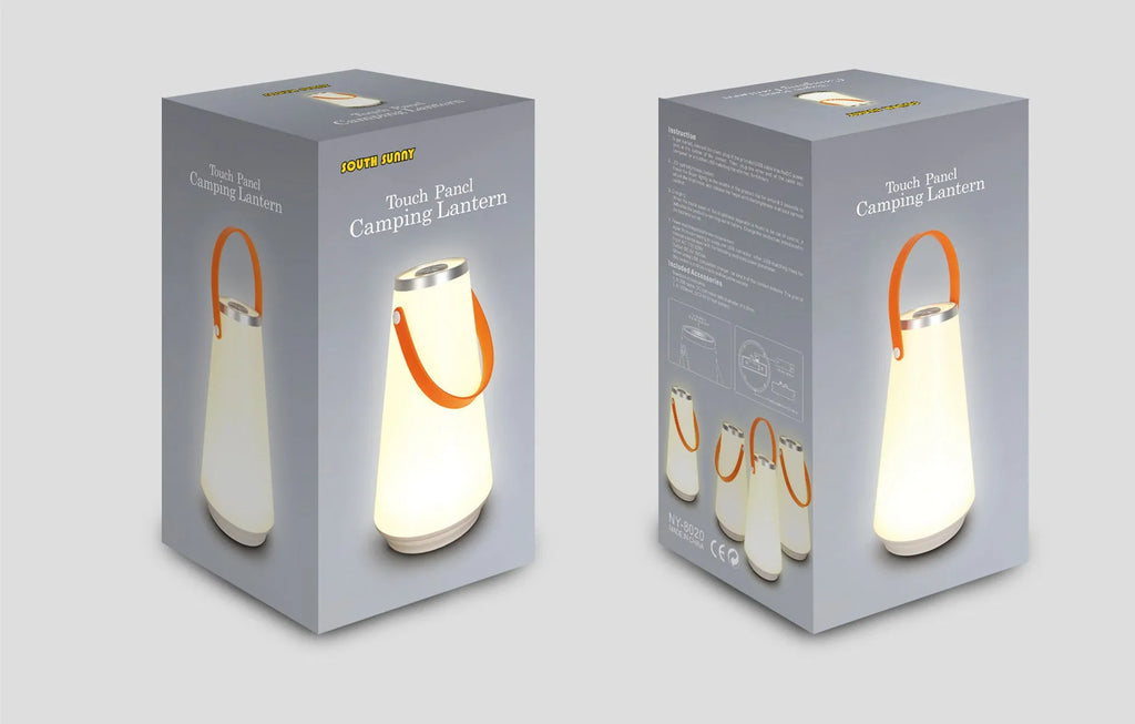 White rechargeable LED lantern night light on a wooden bedside table.
