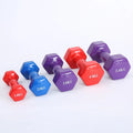 Colourful plastic-coated fitness dumbbells in bright colours showing 0.5kg, 1kg and 1.5kg weight options