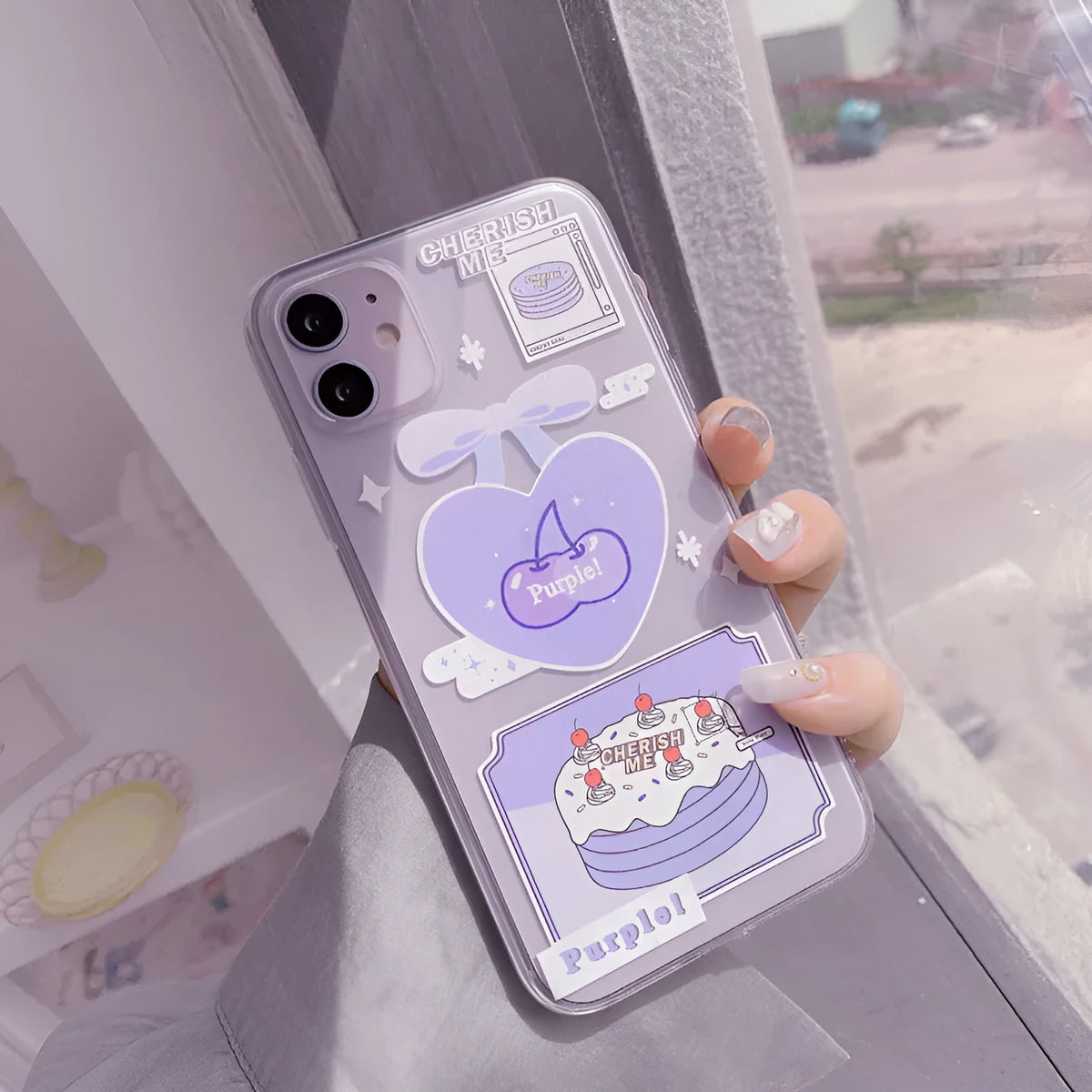 Transparent purple love cherry iPhone TPU back cover for 11 Pro Max and other listed models