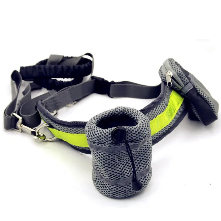 Adjustable hands-free dog leash running set with nylon retractable rope, waist belt, and two storage bags on a person jogging