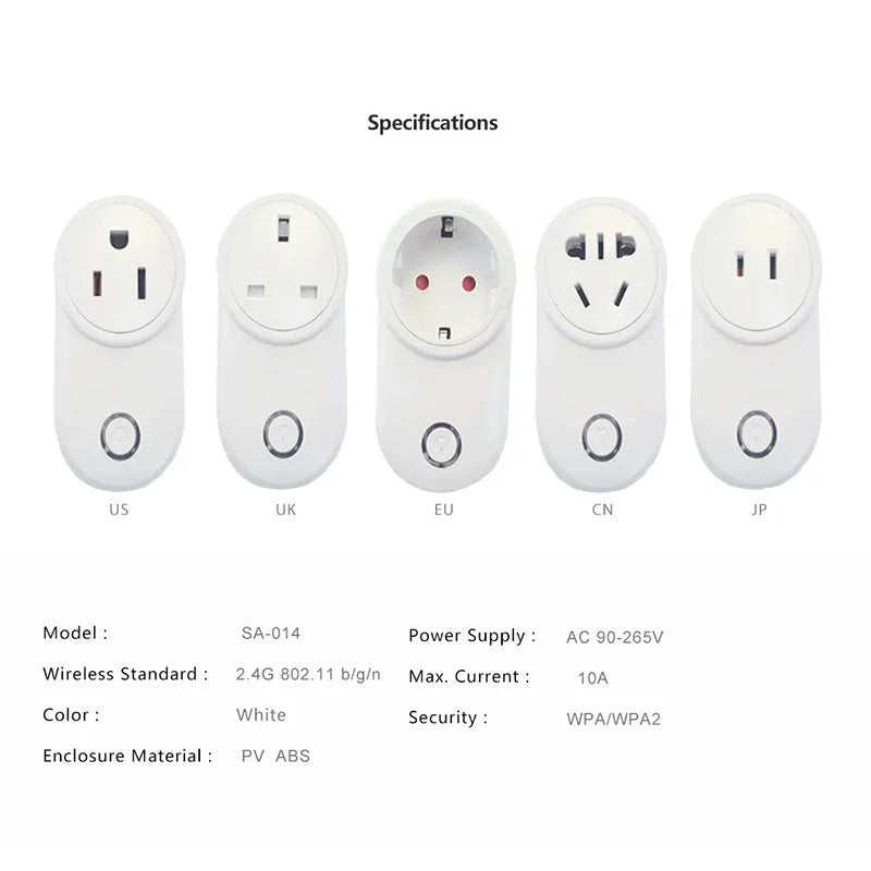 Neutral-coloured UK smart WiFi socket for in-wall installation with SA-014 three-pin plug.