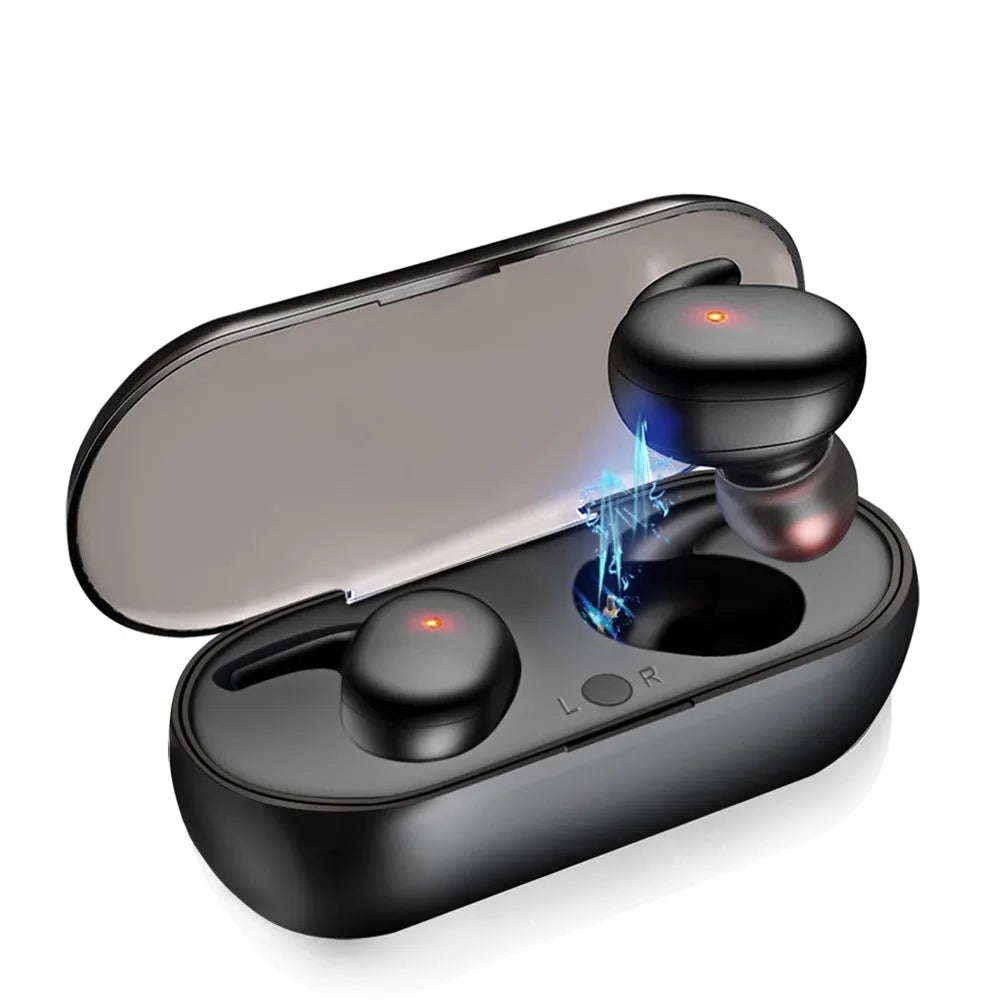 Black Bluetooth 5.0 wireless in-ear earbuds with charging case on white background