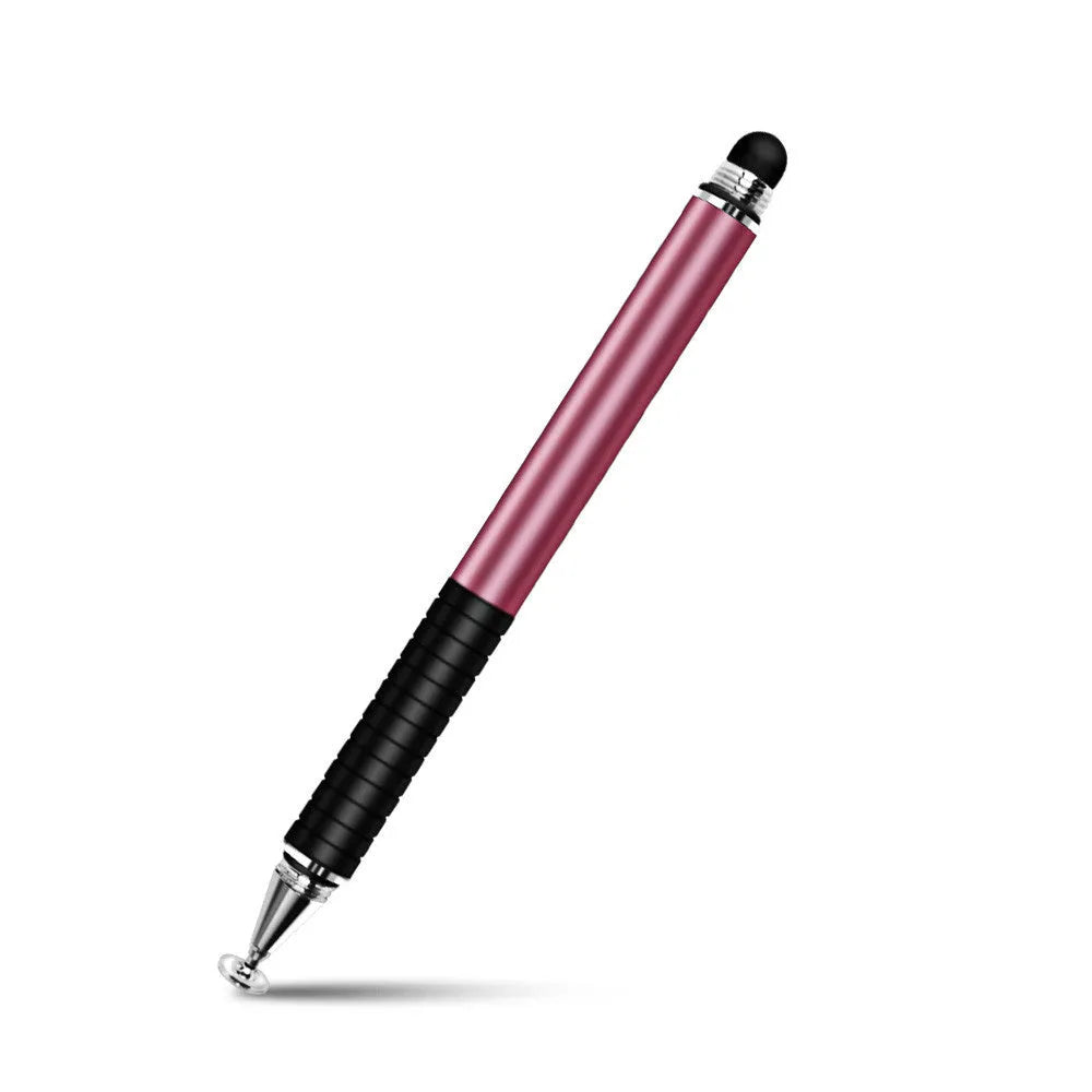 Metal capacitive stylus pen with two-in-one cloth and round tip in silver on a tablet screen