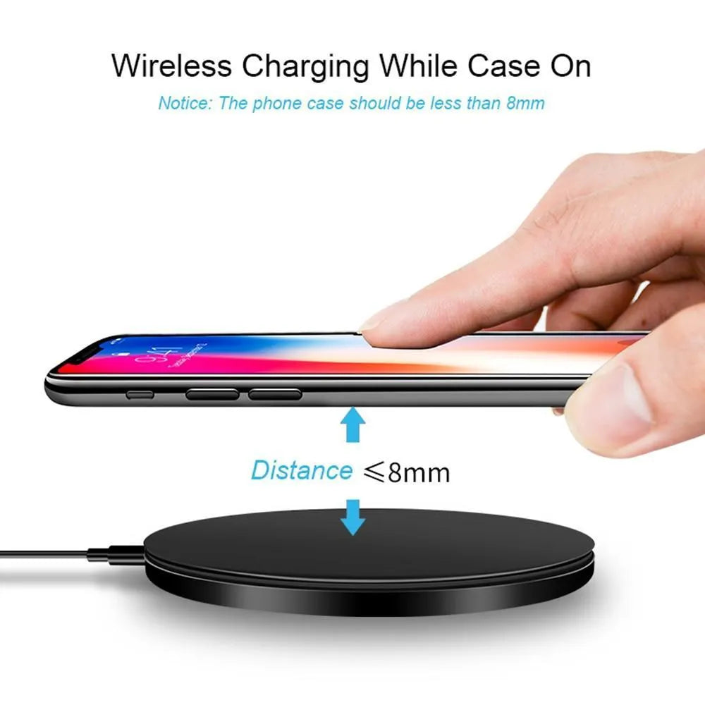 Black ultra-thin wireless fast charging pad measuring 98mm square with USB cable