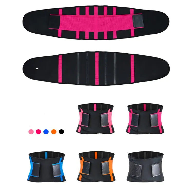 Neoprene sports waist belt with silicone anti-skid and adjustable Velcro, shown in black, blue, deep pink, orange, or pink.