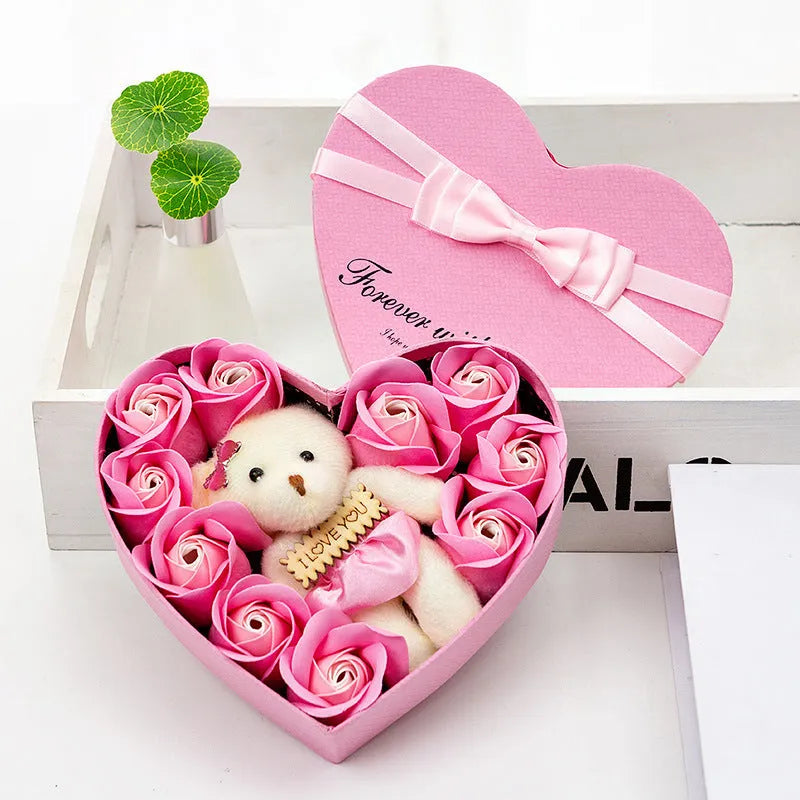 Handmade soap flower rose gift box in bear shape, pink and red colour option with ribbon on gift box