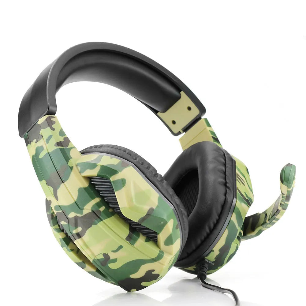 Army green camouflage wired gaming headset with over-ear design and 3.5mm straight plug