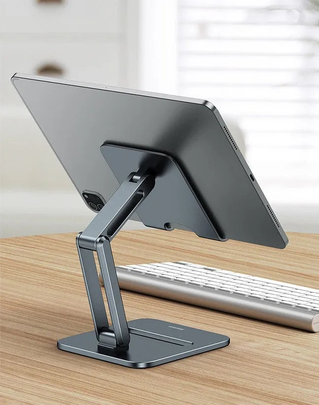 Deep space grey aluminium folding stand holding a tablet and a mobile phone.