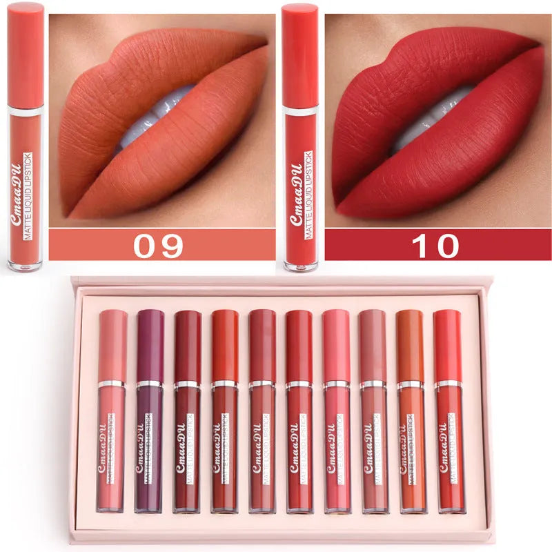 Set of 10 women's matte lipsticks in assorted colours with waterproof and non-stick cup features.