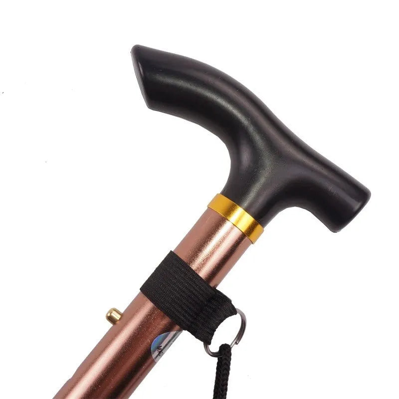 Aluminium alloy folding walking stick extended to show adjustable height and non-slip tip.