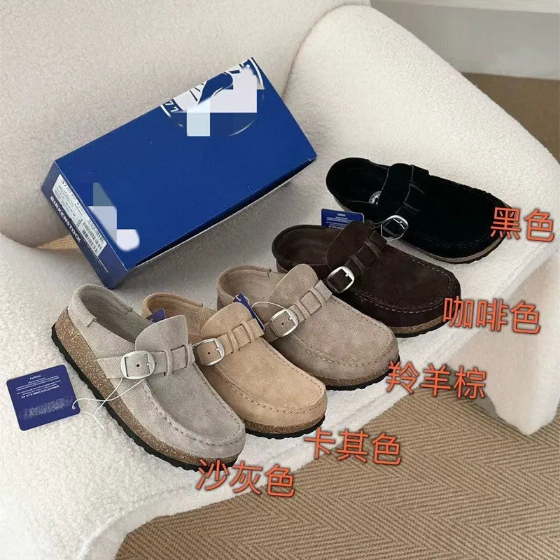 Men's and women's same style mule slippers in sand gray with cow suede upper and cork sole