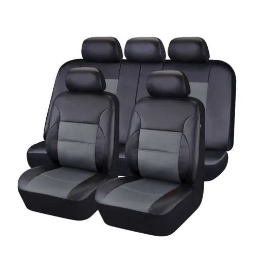 Set of black artificial leather car seat covers for front and rear seats with headrest covers and hooks.