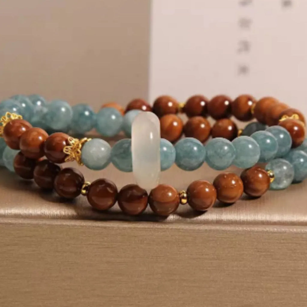 Double ring bracelet for women, natural crystal and semi-precious stone, cook blue water jade colour, electroplated finish