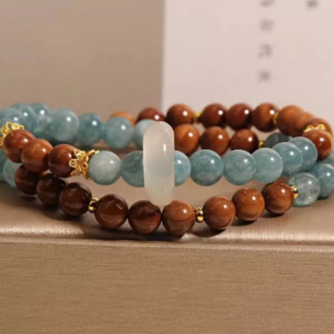 Double ring bracelet for women, natural crystal and semi-precious stone, cook blue water jade colour, electroplated finish