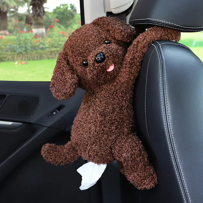 Soft plush car seat back tissue box holder in animal design, showing dimensions 34cm by 15cm.