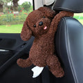 Soft plush car seat back tissue box holder in animal design, showing dimensions 34cm by 15cm.
