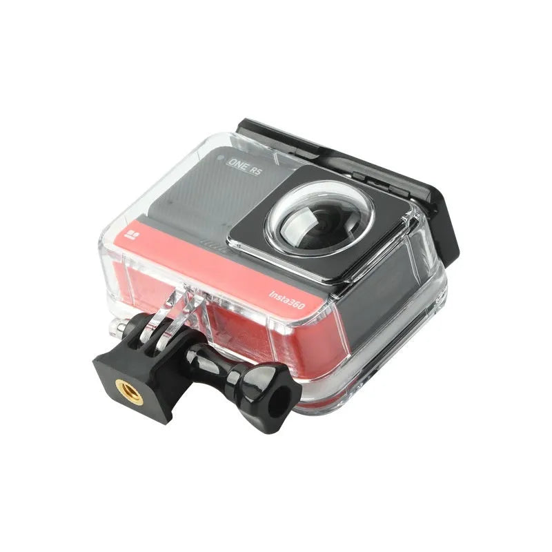 Transparent waterproof case for Insta360 One RS panoramic camera with dimensions 9cm x 8cm x 4.5cm