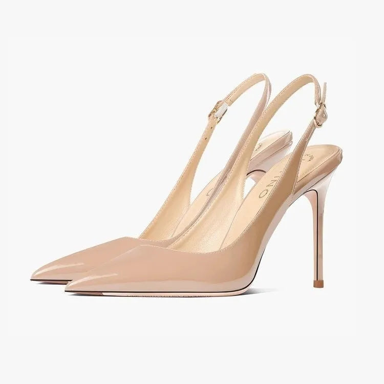 Women's nude leather ankle-strap high heels with hollow design and button fastening