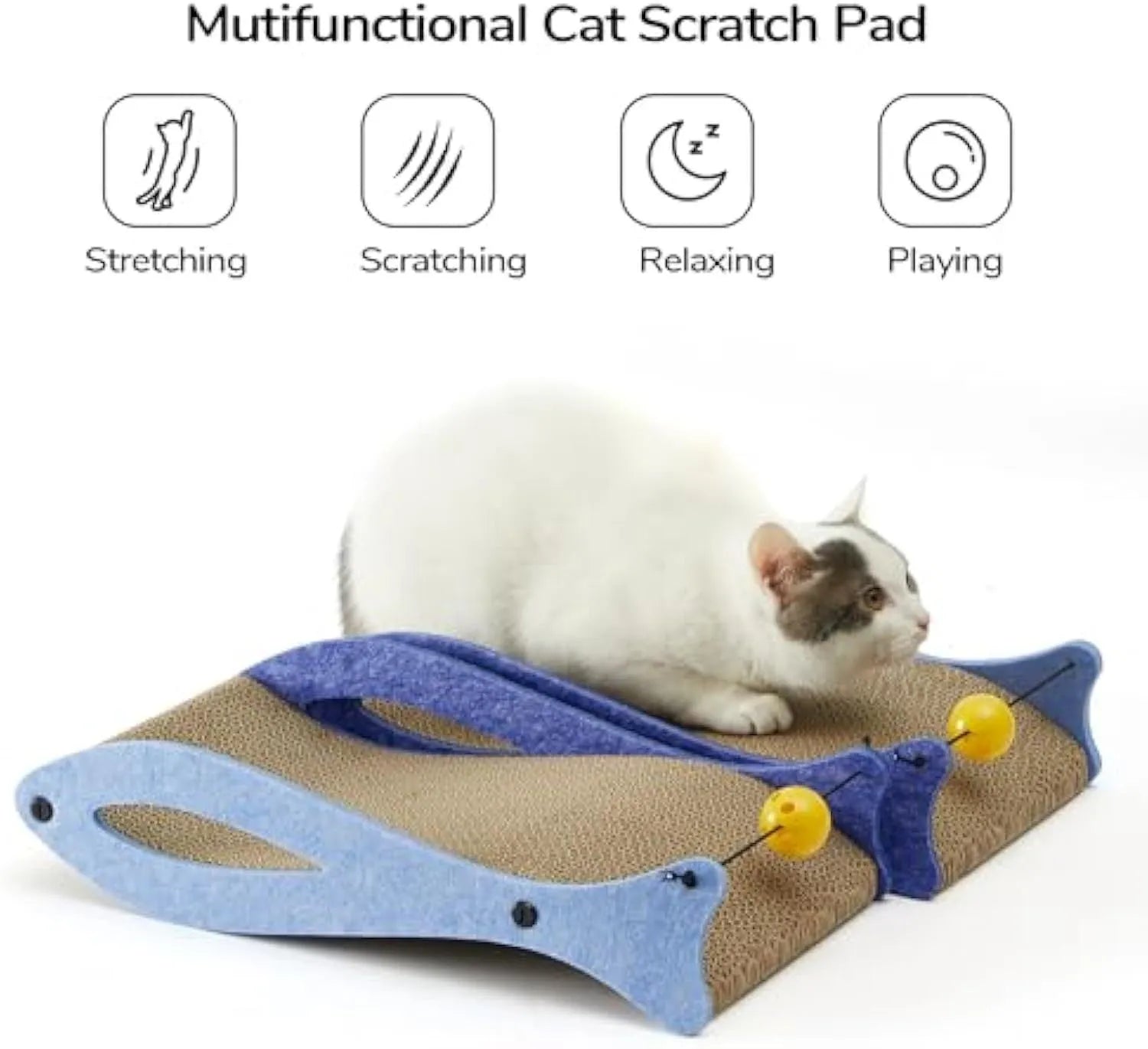 Blue fish-shaped cat scratcher pad with ball toy on elastic cord, wavy cardboard design for scratching and lounging