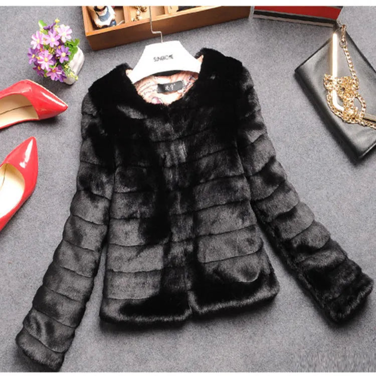 Women's short-length faux fur top in beige, shown on a model as part of a street fashion outfit.