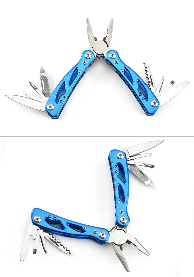 Blue stainless steel folding multi-function pliers with fruit knife and Oxford storage bag