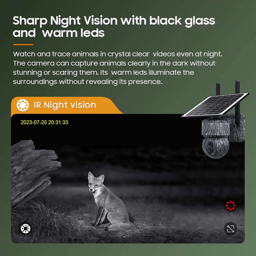 Outdoor camouflage solar surveillance camera with 4G cellular connectivity and night vision in a garden setting
