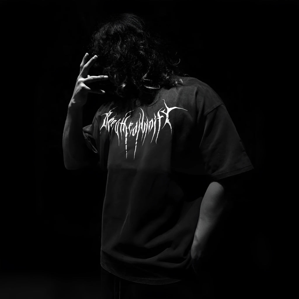 Men's dark coloured cotton T-shirt with loose fit design and gilding craft detail on short sleeves