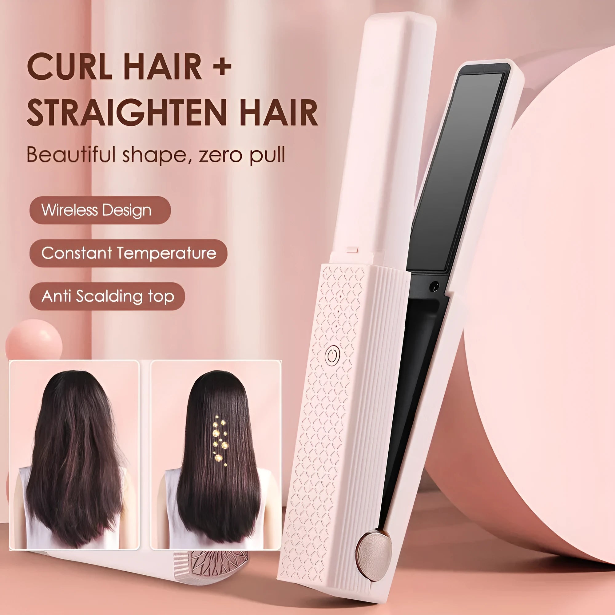 Pink and green cordless USB hair straightener and curler with ceramic plates, shown with USB cable.