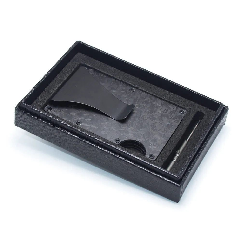 Geometric carbon fibre and aluminium card wallet in a choice of colours, showing 8mm thickness.