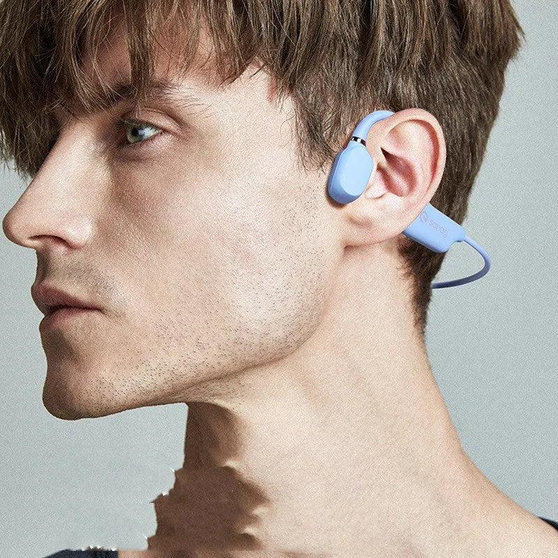 Wireless bone conduction neckband headphones in multiple colours shown worn during exercise.