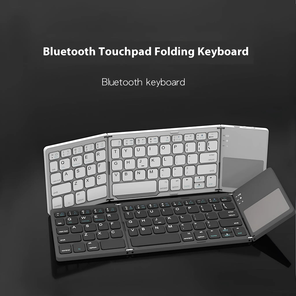 Black tri-fold Bluetooth keyboard shown unfolded next to folded silver version