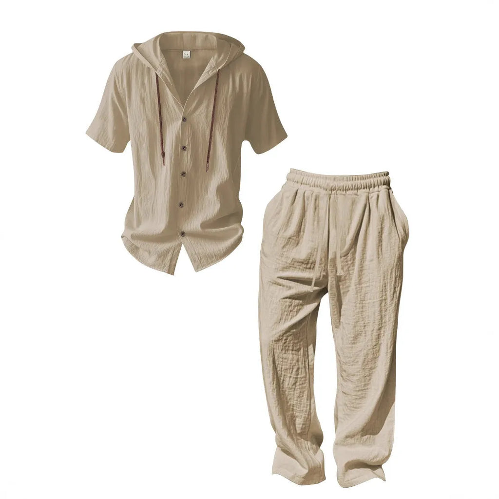 Men's casual cotton sports leisure suit in black, showing long sleeve top and trousers.