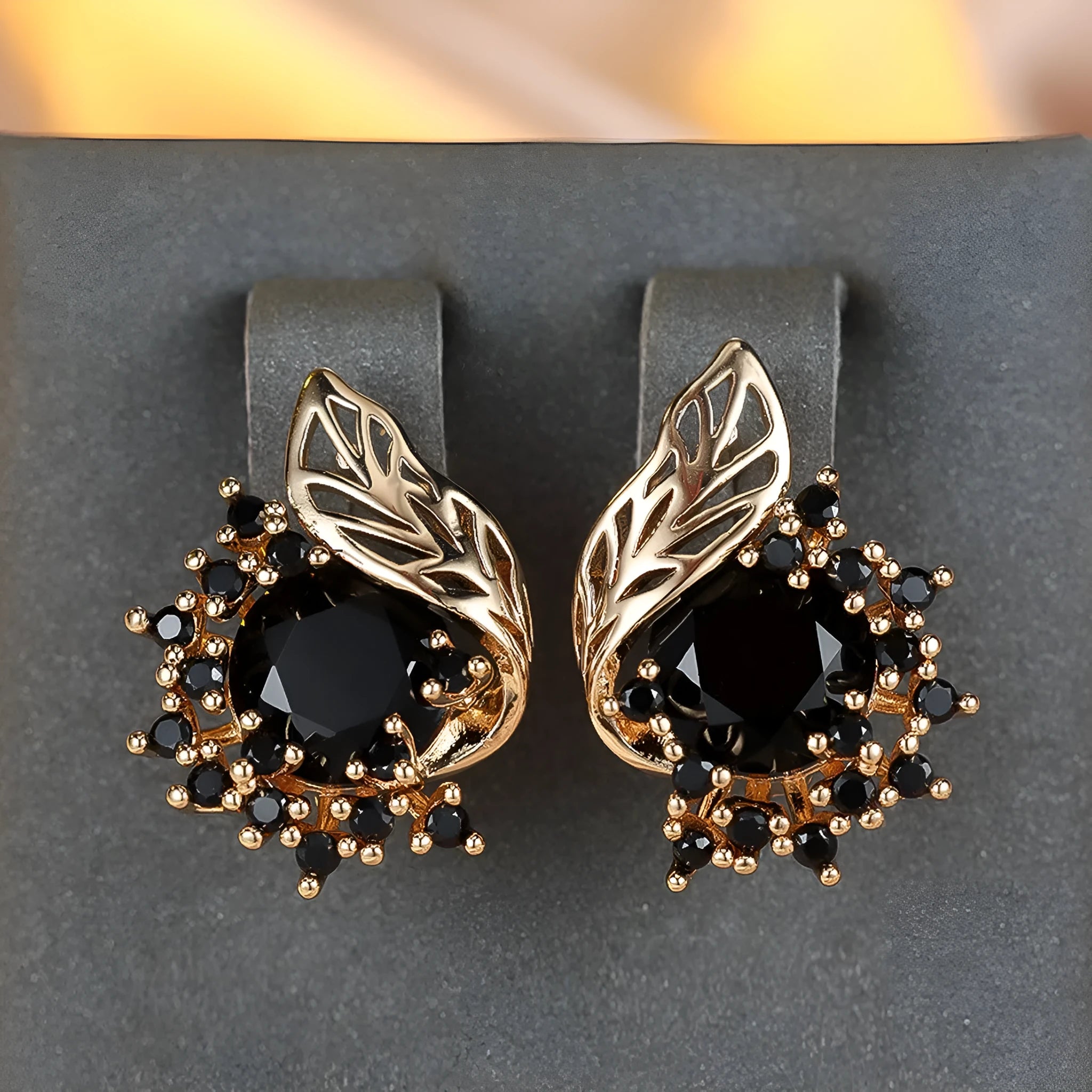 Round flower feather zircon earrings for women in champagne gold copper electroplated natural style
