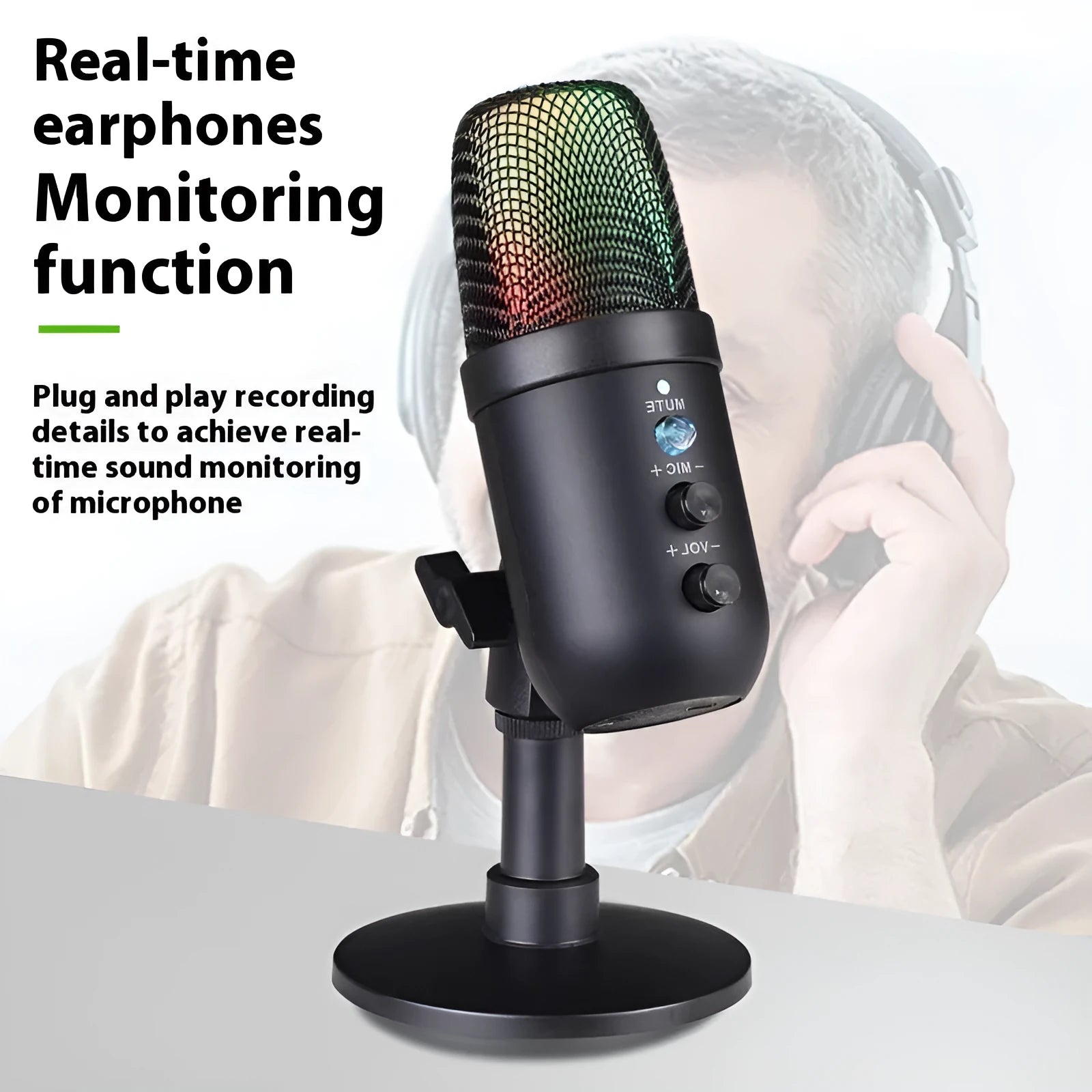 Black USB microphone with RGB lighting ring for computer and mobile streaming